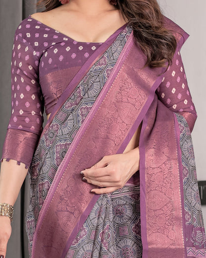 Dusty Purple Handloom Linen Printed Saree with Zari Border, Geometric Floral Motifs & Tasselled Pallu | Attached Blouse Piece | 5.5m Saree + 0.8m Blouse
