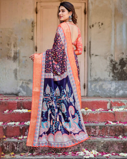 Navy Blue and Peach Tussar Silk Saree with Peacock Motifs and Floral Zari Border