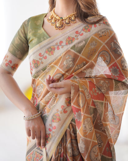 Multicolor Zari Woven Handloom Cotton Saree with Traditional Animal & Floral Motifs and Tassels