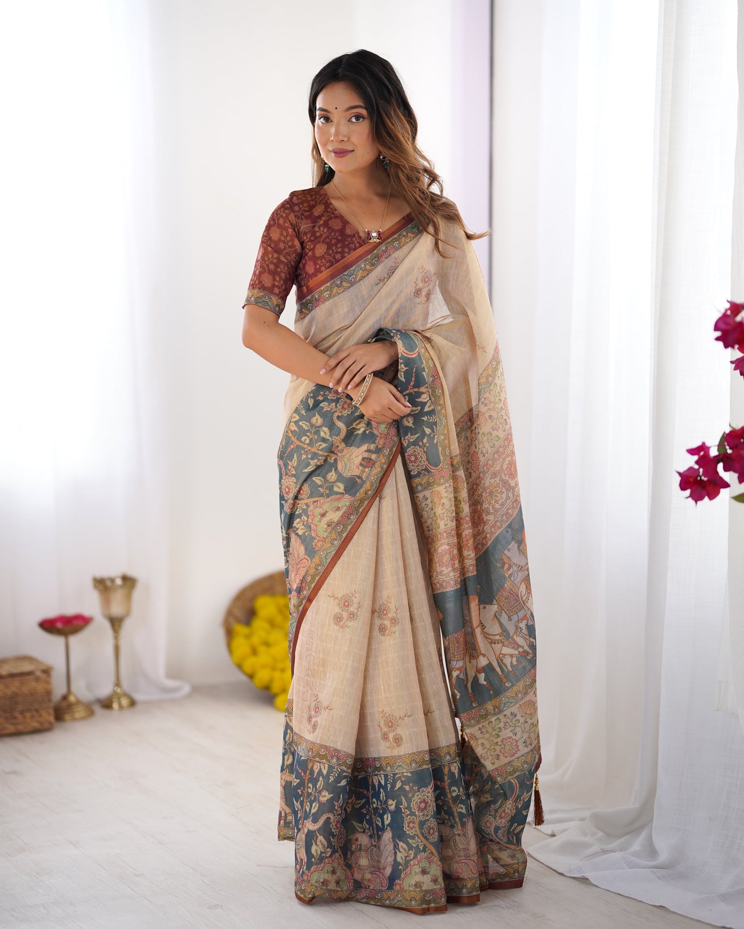 Beige Handloom Cotton Saree with Maroon Blouse and Multicolor Royal Procession Pallu