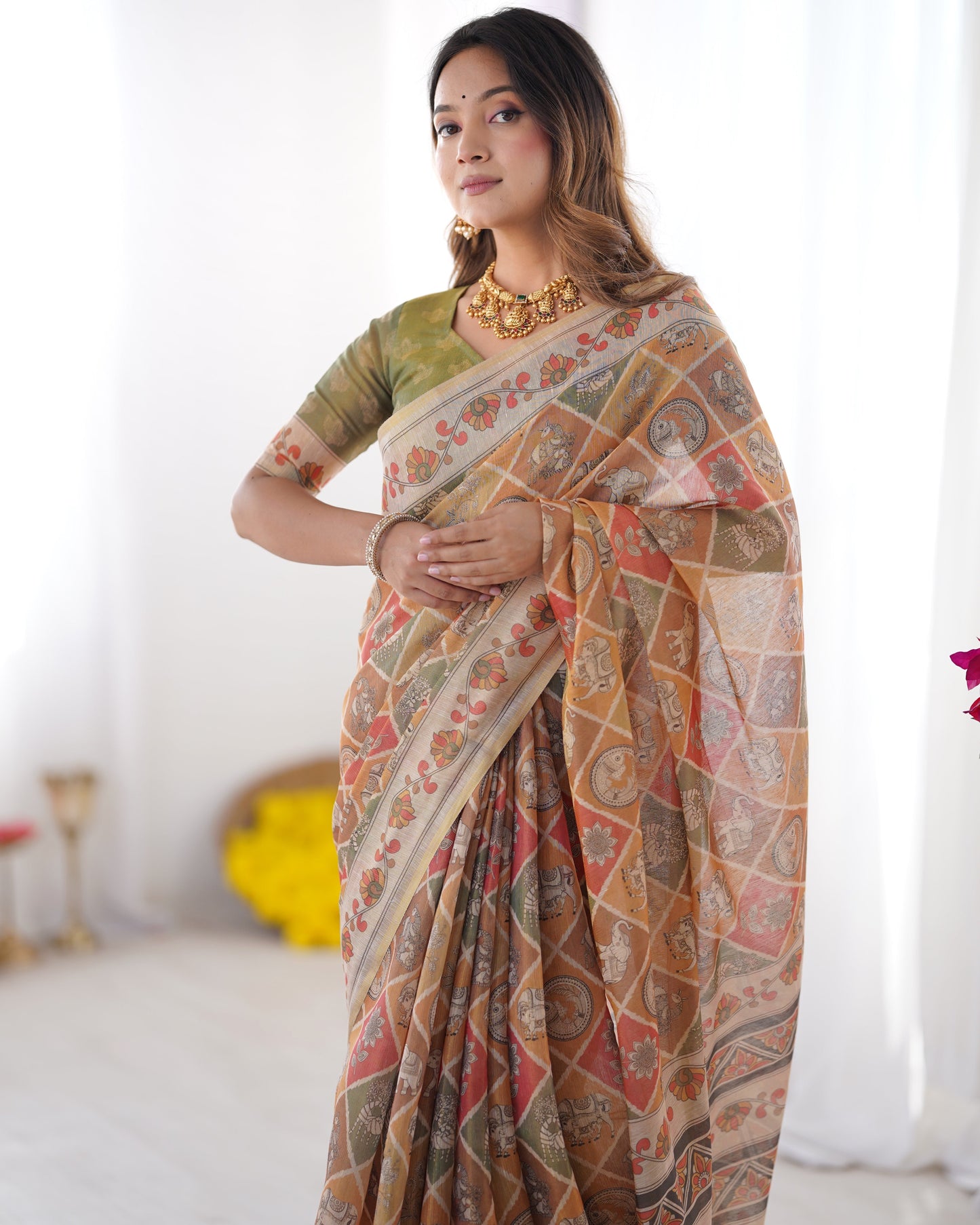 Multicolor Zari Woven Handloom Cotton Saree with Traditional Animal & Floral Motifs and Tassels