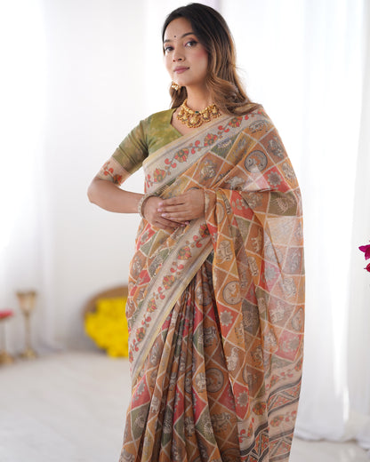 Multicolor Zari Woven Handloom Cotton Saree with Traditional Animal & Floral Motifs and Tassels