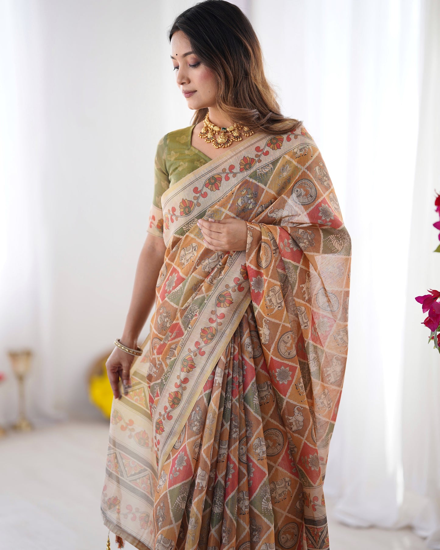 Multicolor Zari Woven Handloom Cotton Saree with Traditional Animal & Floral Motifs and Tassels
