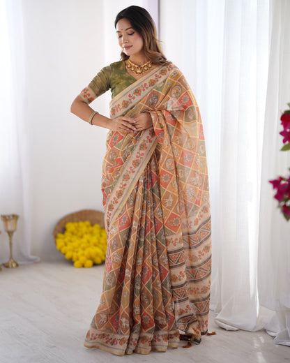 Multicolor Zari Woven Handloom Cotton Saree with Traditional Animal & Floral Motifs and Tassels