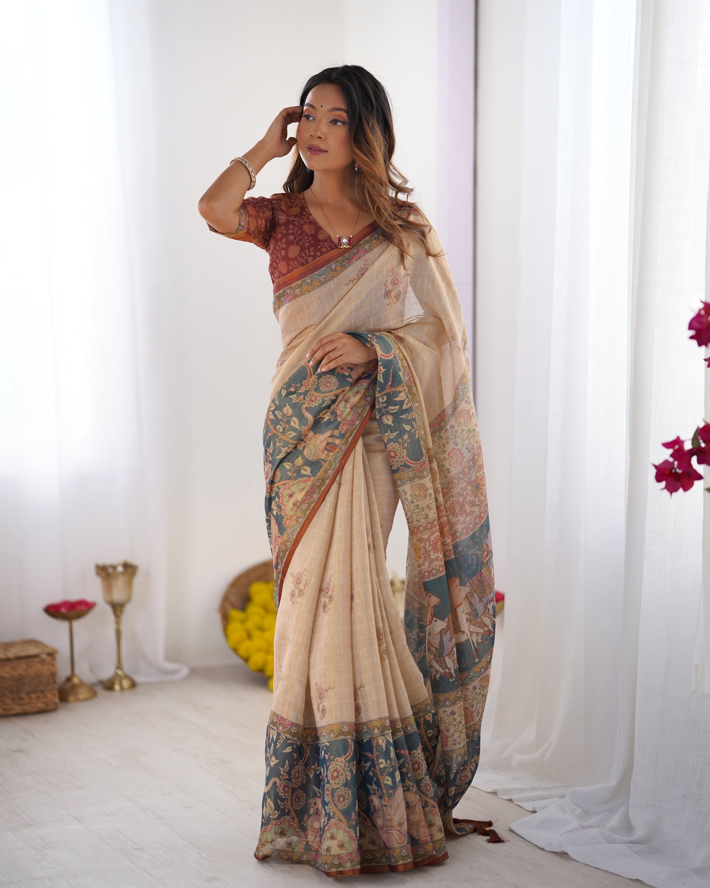 Beige Handloom Cotton Saree with Maroon Blouse and Multicolor Royal Procession Pallu