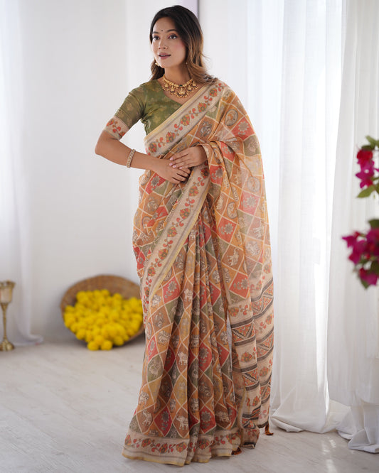 Multicolor Zari Woven Handloom Cotton Saree with Traditional Animal & Floral Motifs and Tassels