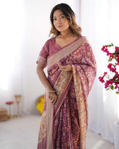Plum Handloom Cotton Saree with Floral Print, Mythical Border & Tassels