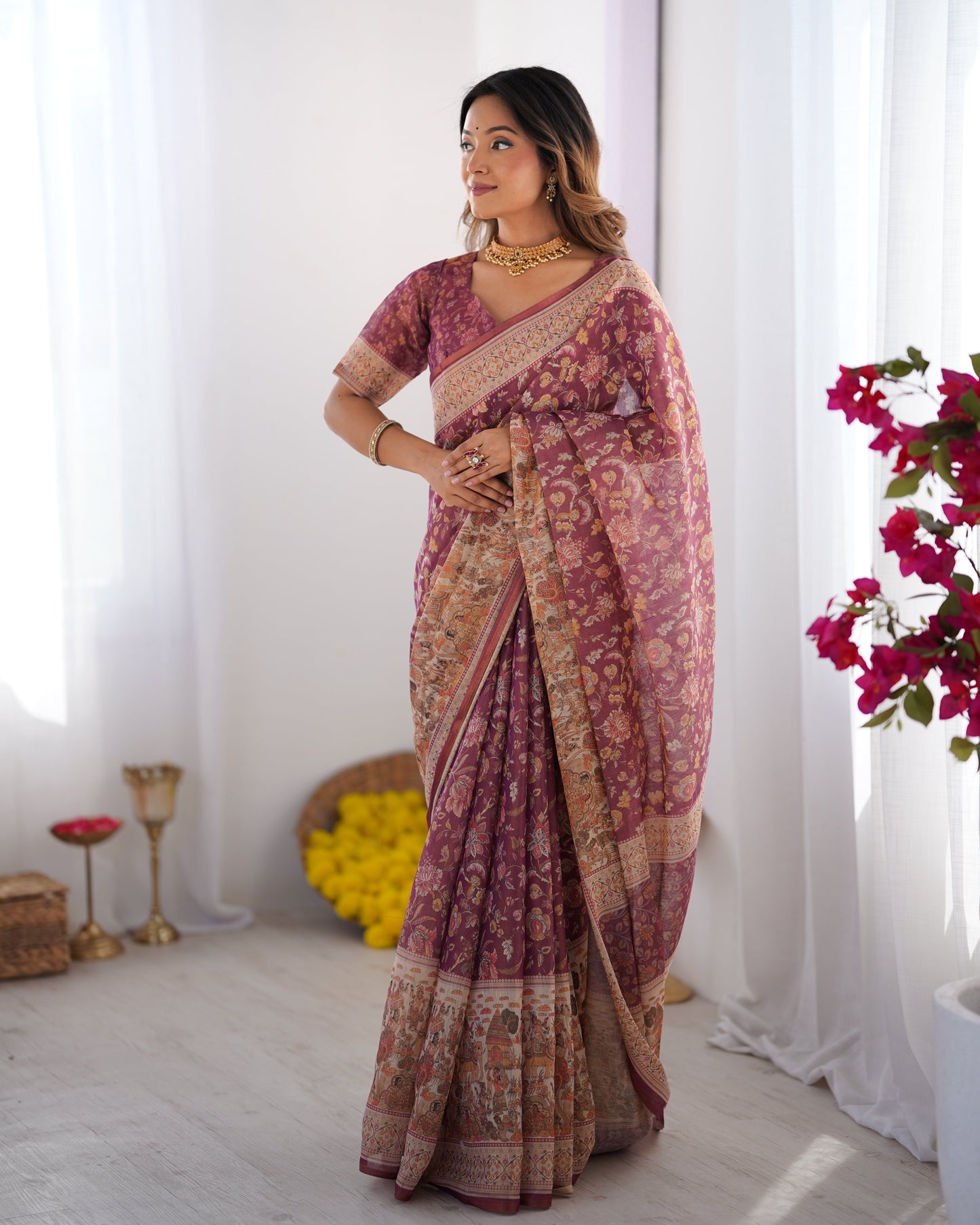 Plum Handloom Cotton Saree with Floral Print, Mythical Border & Tassels