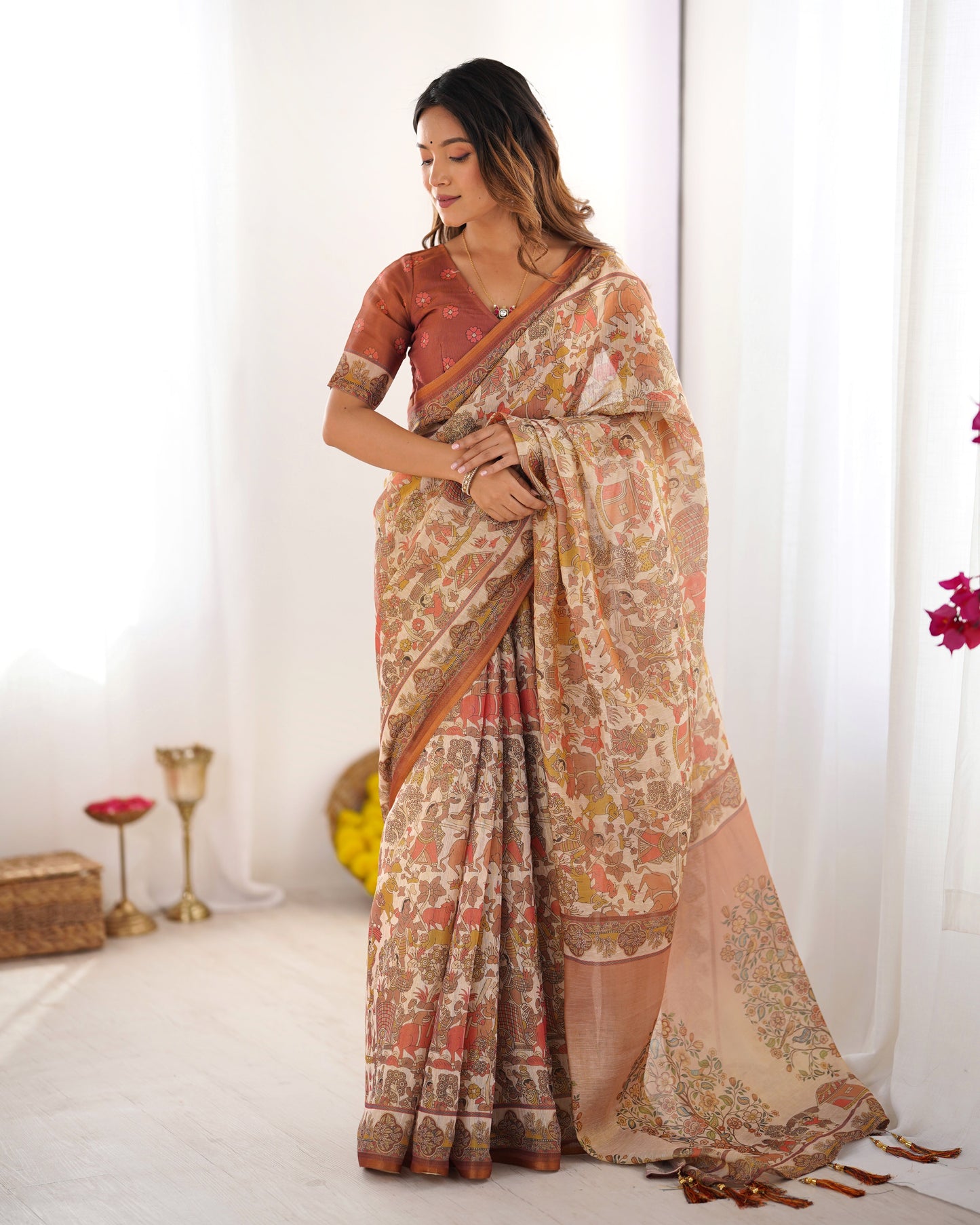 Beige Handloom Cotton Saree with Rust Blouse and Village Celebration Print