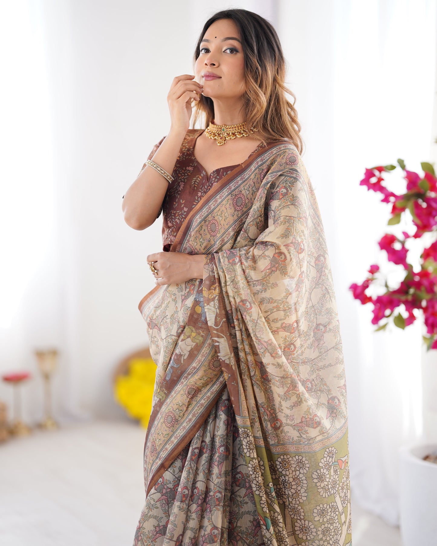 Beige & Brown Handloom Cotton Saree with Mythical Kalamkari Pallu and Elephant Motifs