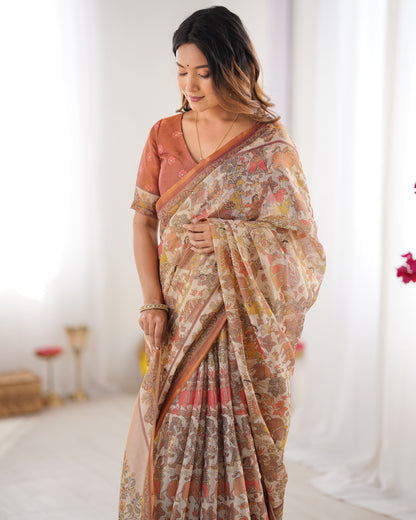 Beige Handloom Cotton Saree with Rust Blouse and Village Celebration Print