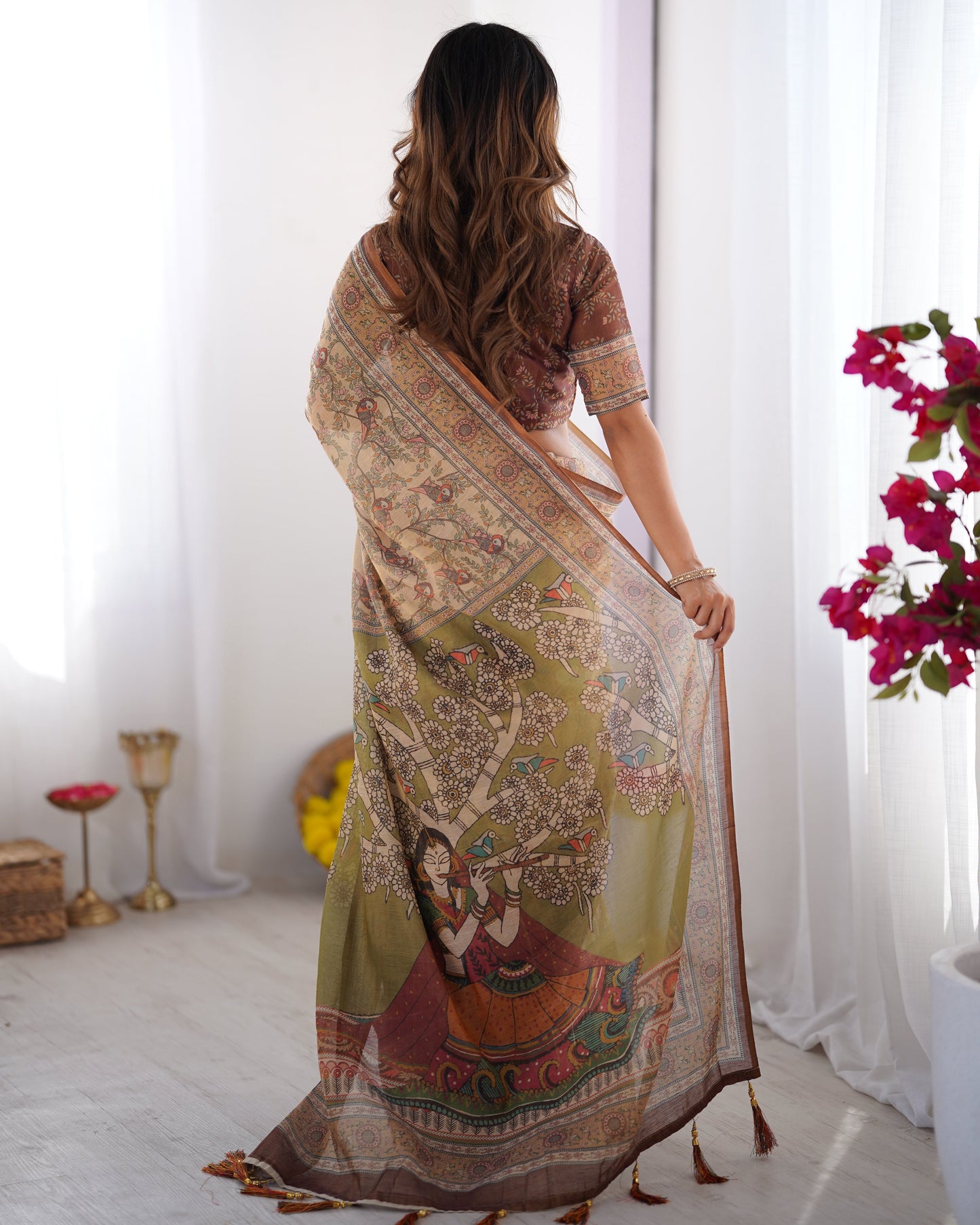 Beige & Brown Handloom Cotton Saree with Mythical Kalamkari Pallu and Elephant Motifs