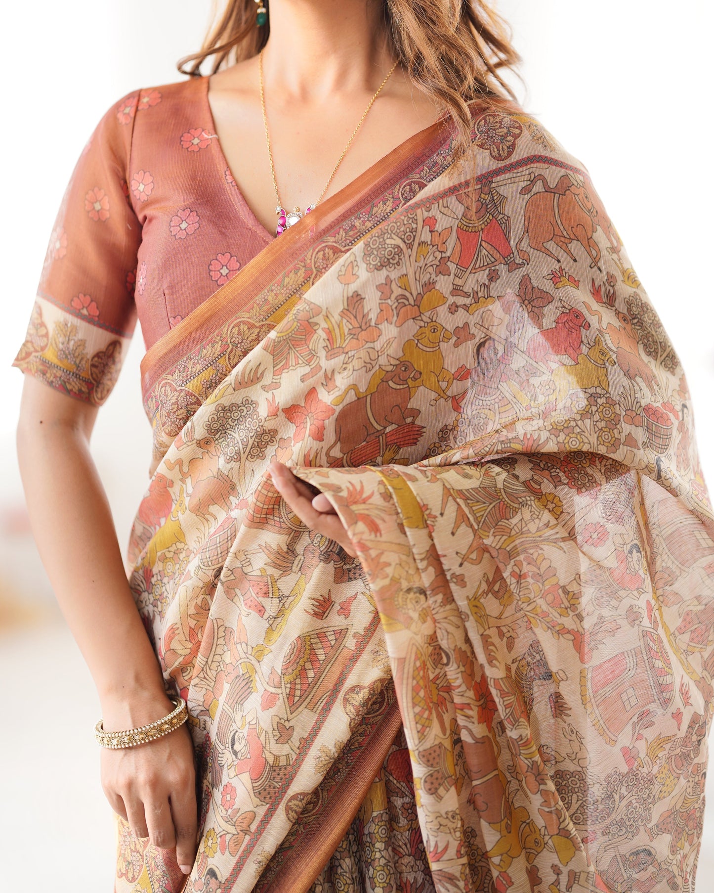Beige Handloom Cotton Saree with Rust Blouse and Village Celebration Print