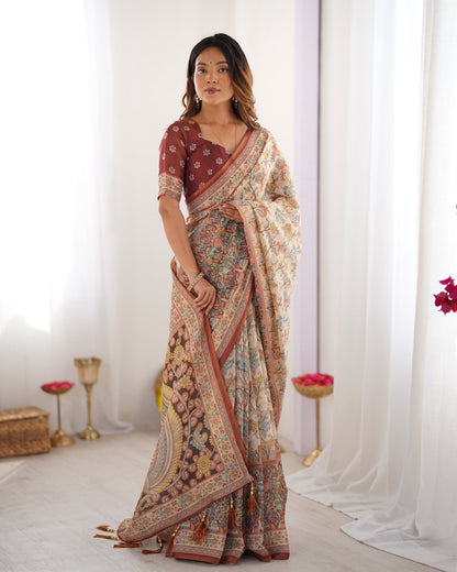 Beige & Maroon Handloom Cotton Saree with Multicolor Floral Print and Majestic Bird Art Pallu