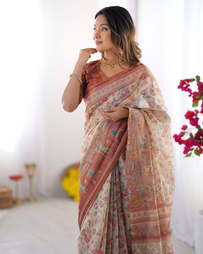 Ivory Handloom Cotton Saree with Maroon Borders, Floral Print & Royal Procession Pallu