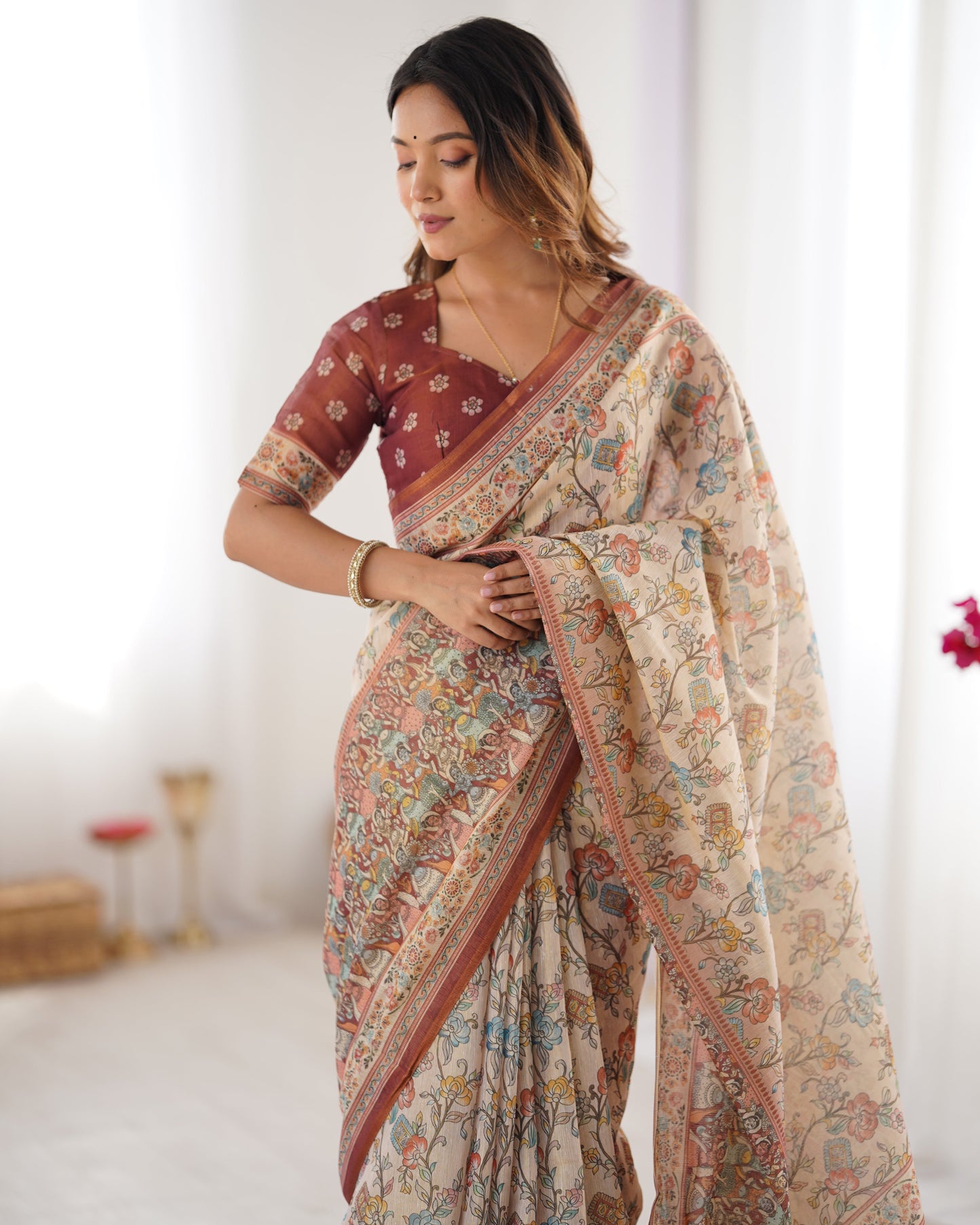 Beige & Maroon Handloom Cotton Saree with Multicolor Floral Print and Majestic Bird Art Pallu
