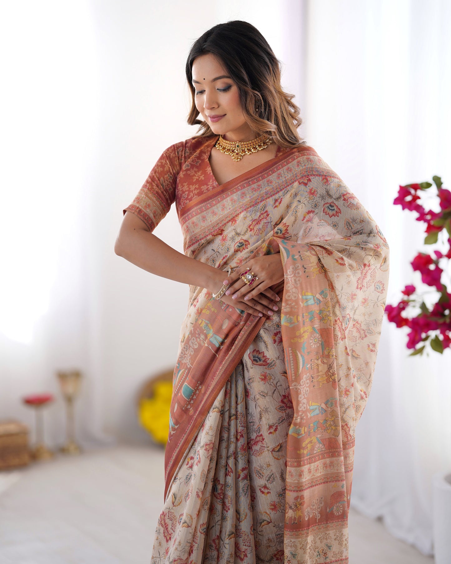 Ivory Handloom Cotton Saree with Maroon Borders, Floral Print & Royal Procession Pallu