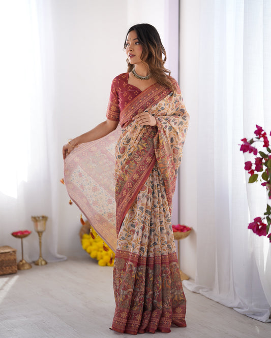 Handloom Beige Cotton Saree with Maroon Blouse, Pomegranate Floral Print & Village Tale Pallu