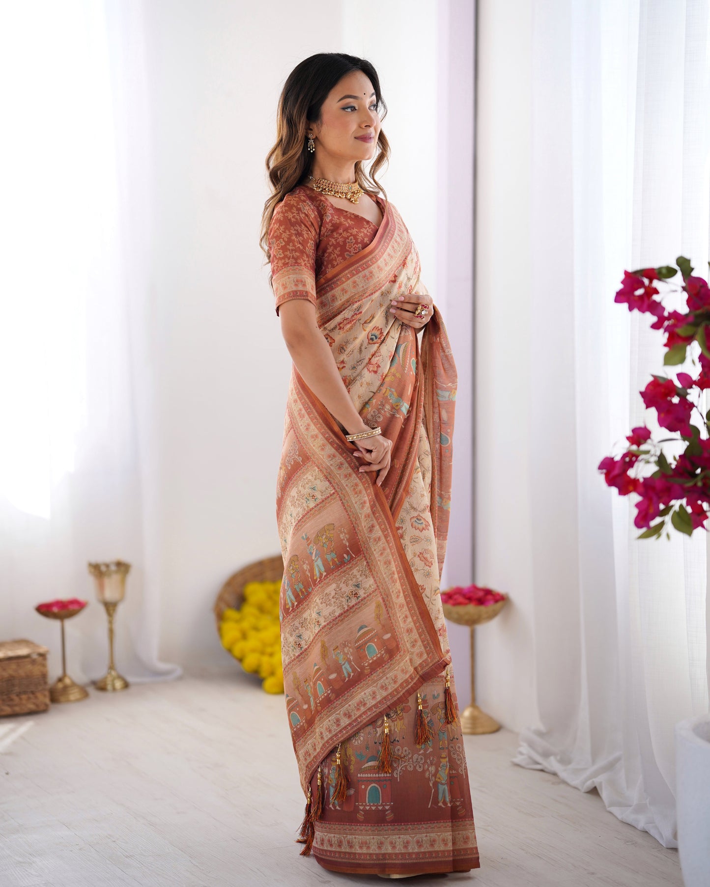 Ivory Handloom Cotton Saree with Maroon Borders, Floral Print & Royal Procession Pallu