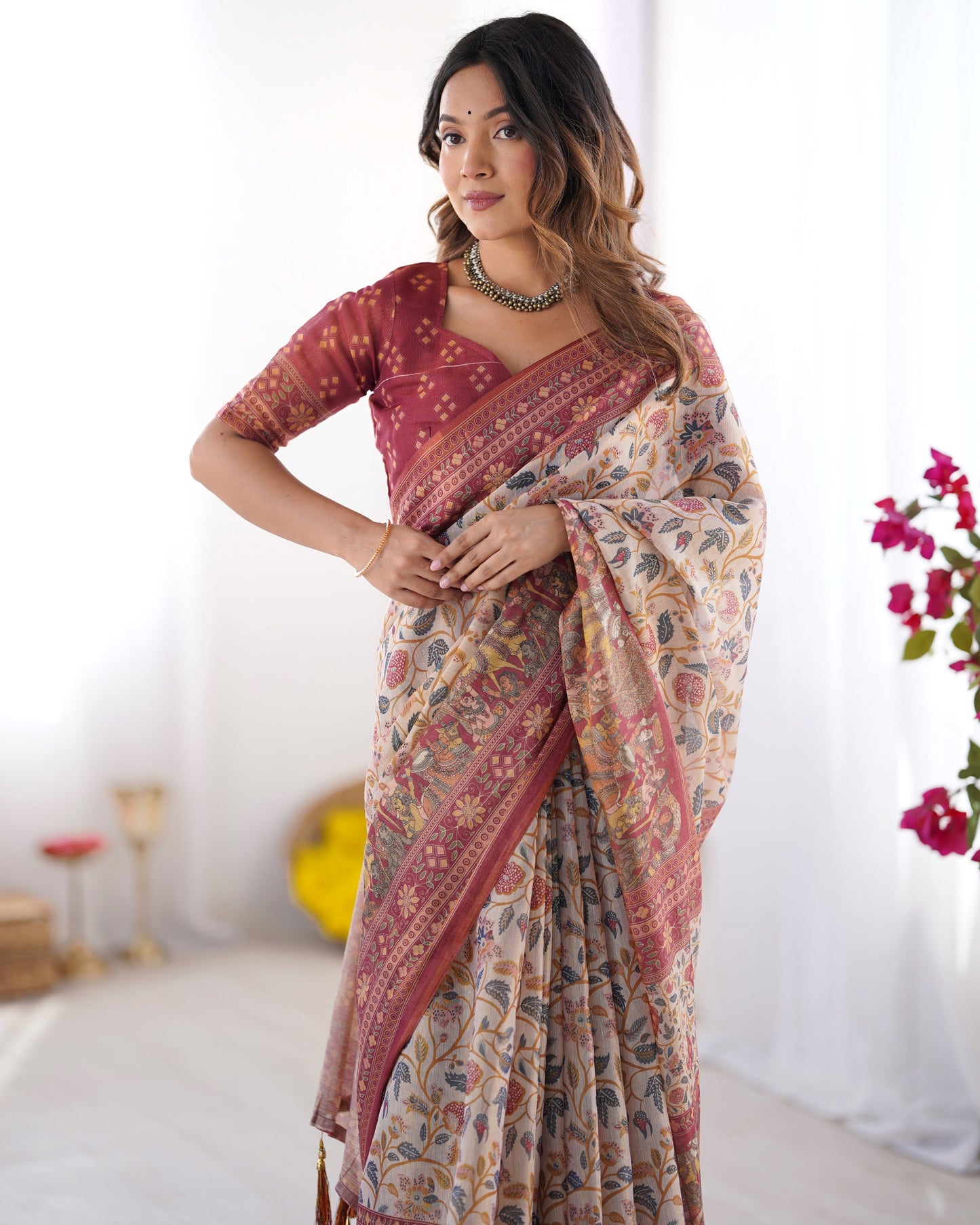 Handloom Beige Cotton Saree with Maroon Blouse, Pomegranate Floral Print & Village Tale Pallu