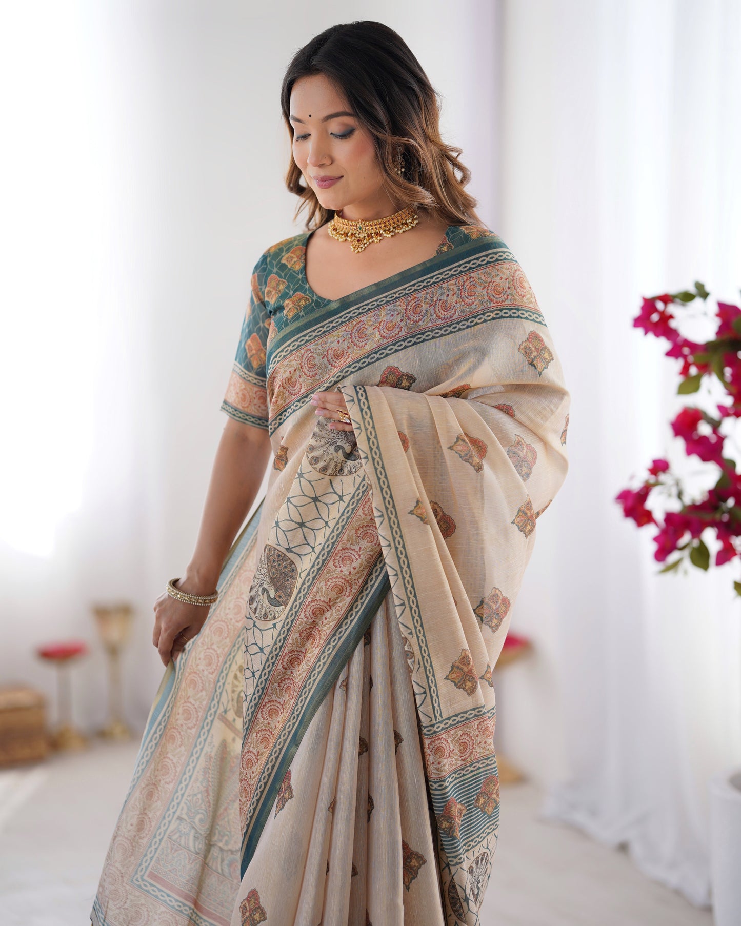 Ivory & Teal Handloom Cotton Saree with Buti Print, Mandala Motifs & Peacock Pallu