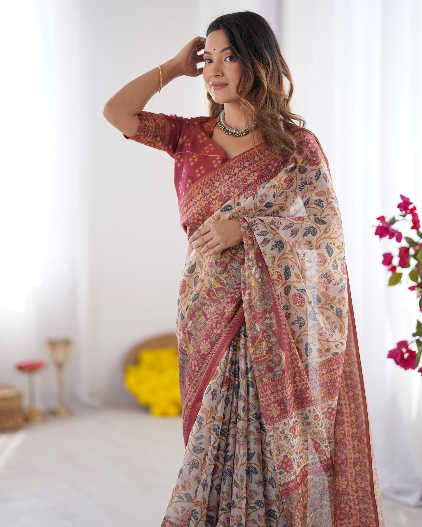 Handloom Beige Cotton Saree with Maroon Blouse, Pomegranate Floral Print & Village Tale Pallu