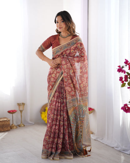 Rust Maroon Handloom Cotton Saree with Floral Jaal & Multicolor Mandala Pallu Art