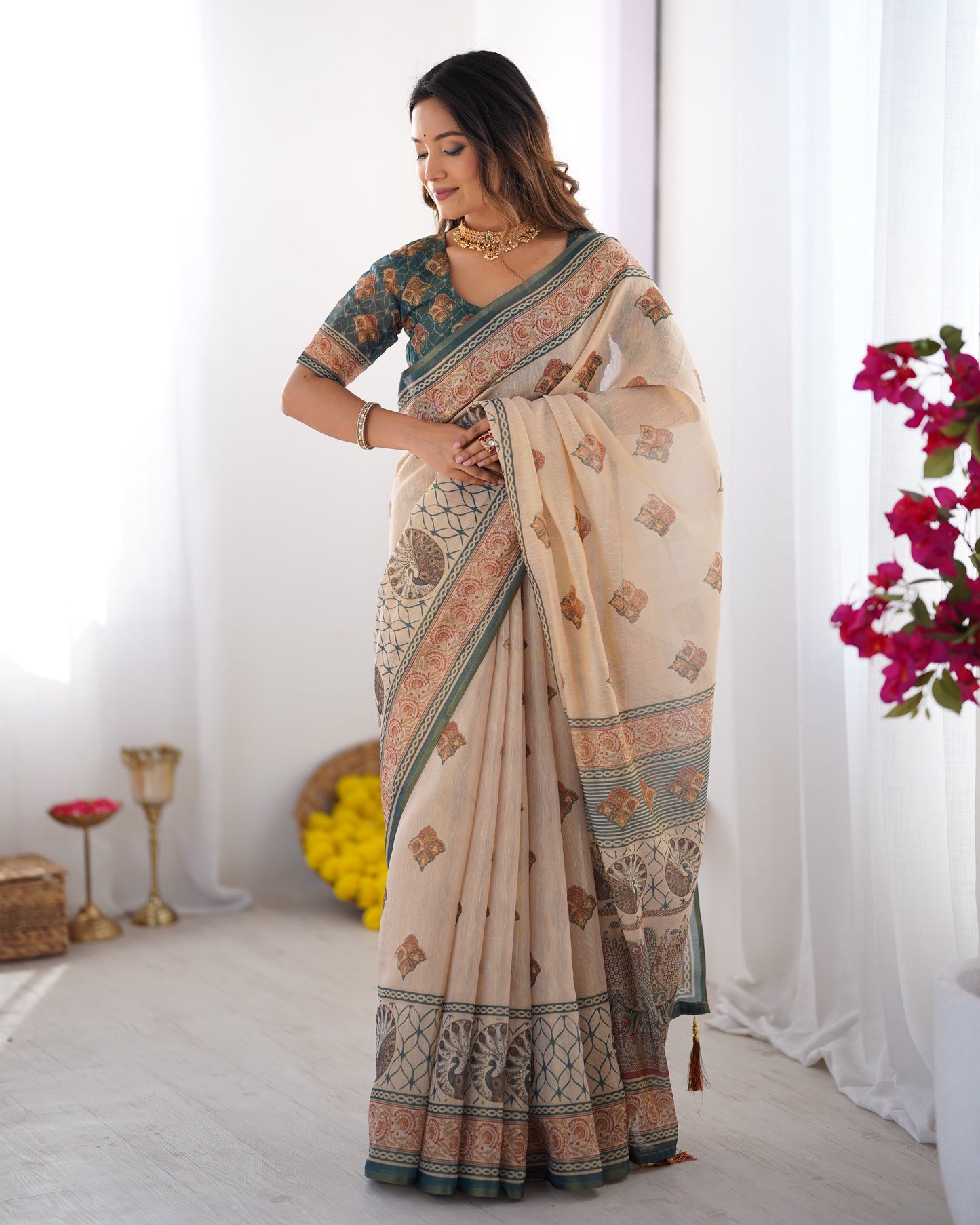 Ivory & Teal Handloom Cotton Saree with Buti Print, Mandala Motifs & Peacock Pallu