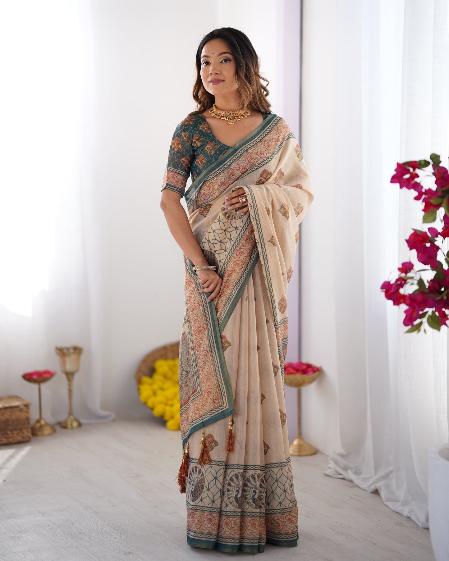 Ivory & Teal Handloom Cotton Saree with Buti Print, Mandala Motifs & Peacock Pallu