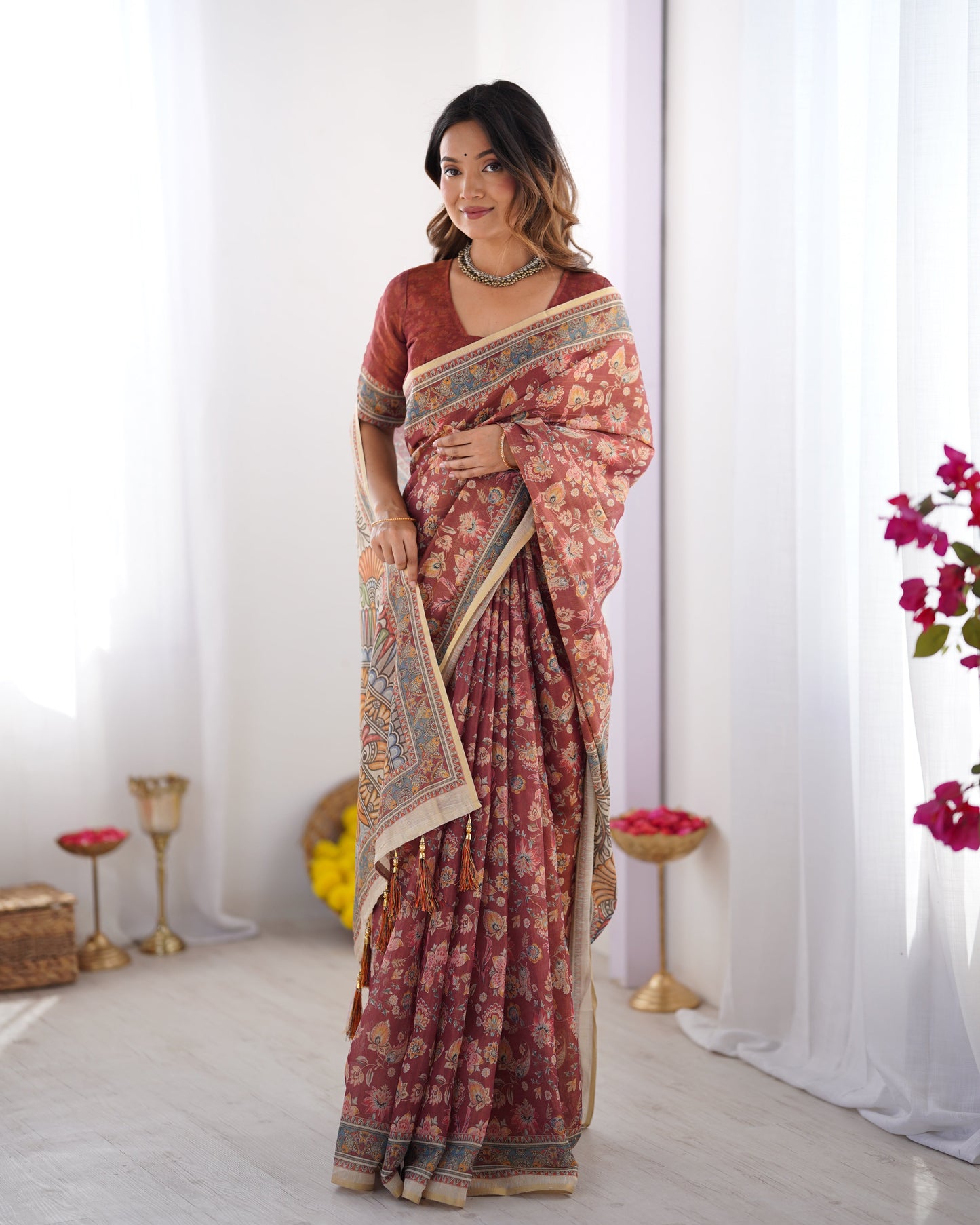 Rust Maroon Handloom Cotton Saree with Floral Jaal & Multicolor Mandala Pallu Art
