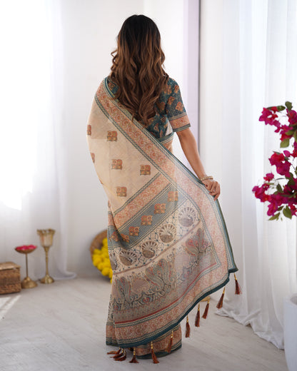 Ivory & Teal Handloom Cotton Saree with Buti Print, Mandala Motifs & Peacock Pallu