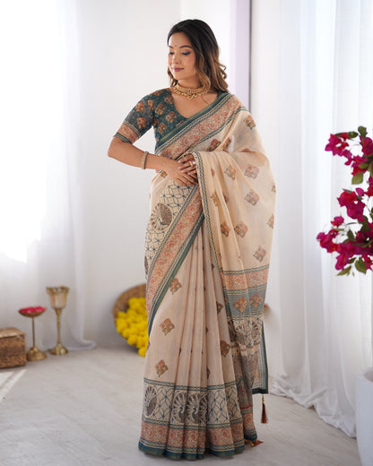 Ivory & Teal Handloom Cotton Saree with Buti Print, Mandala Motifs & Peacock Pallu