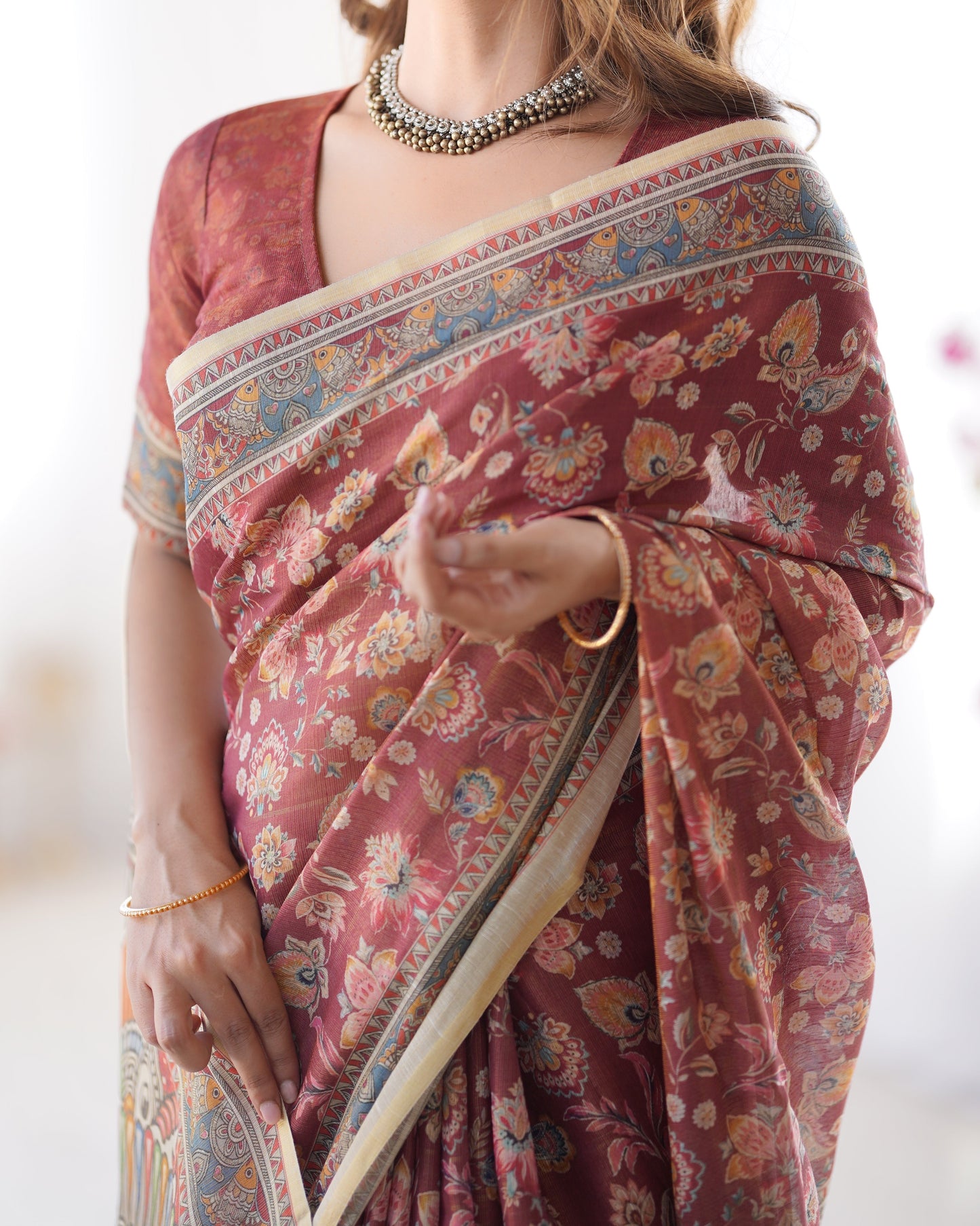 Rust Maroon Handloom Cotton Saree with Floral Jaal & Multicolor Mandala Pallu Art