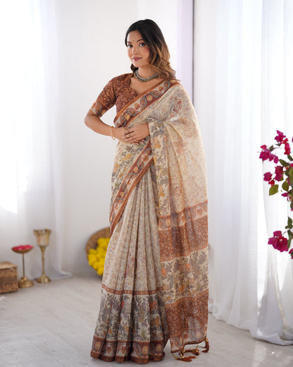 Elegant Beige & Brown Pure Linen Cotton Handloom Saree with Animal Motifs and Floral Prints