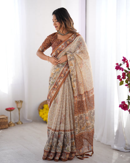 Elegant Beige & Brown Pure Linen Cotton Handloom Saree with Animal Motifs and Floral Prints