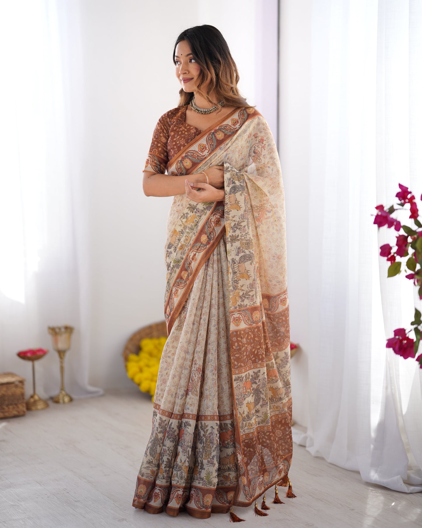 Elegant Beige & Brown Pure Linen Cotton Handloom Saree with Animal Motifs and Floral Prints