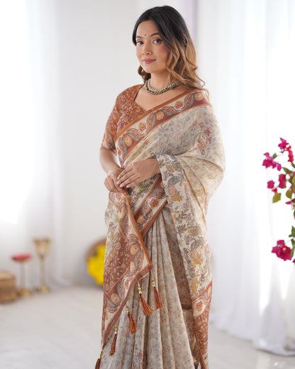 Elegant Beige & Brown Pure Linen Cotton Handloom Saree with Animal Motifs and Floral Prints