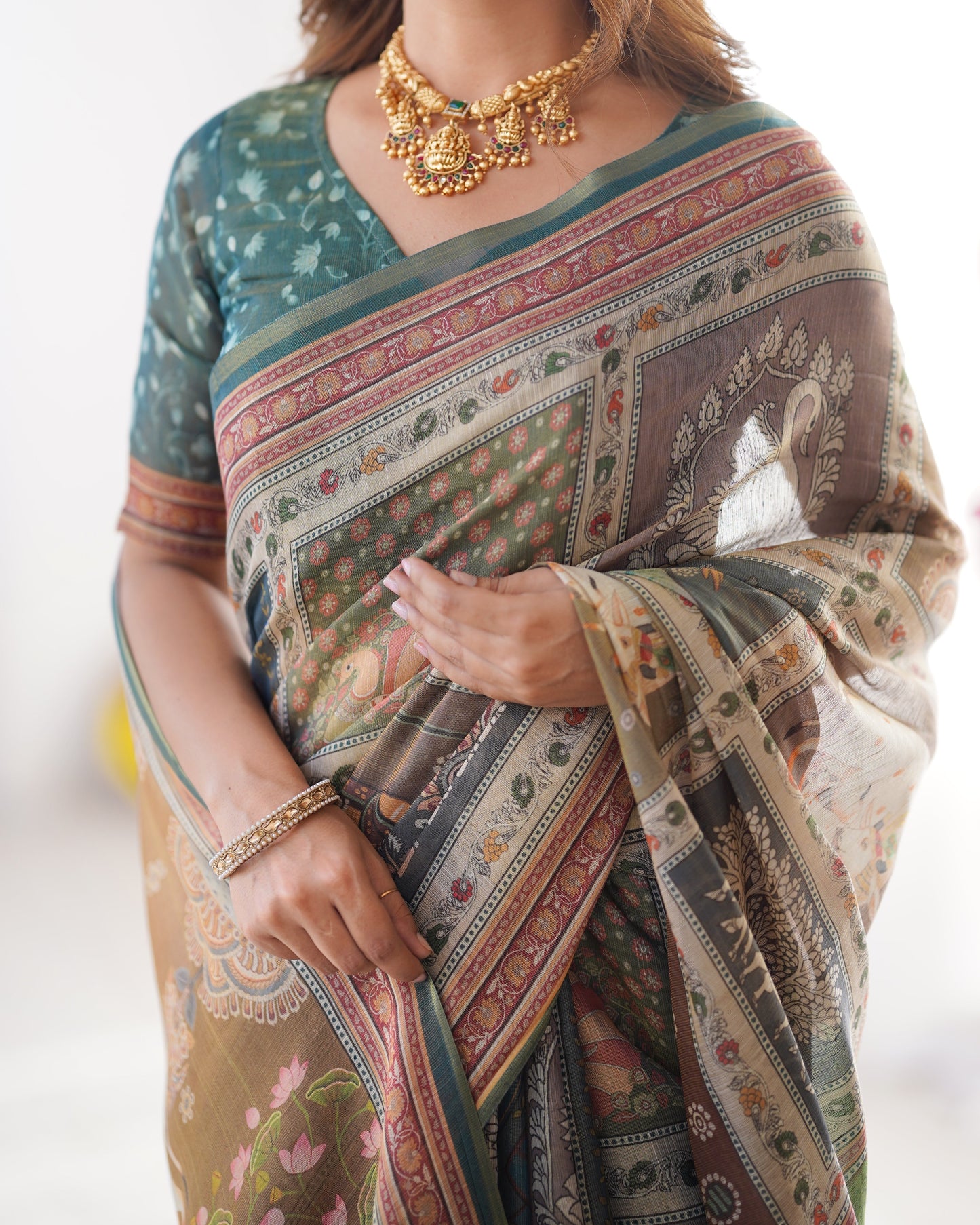 Teal Green & Brown Pure Linen Cotton Handloom Saree with Royal Cow & Tree Motif Pallu