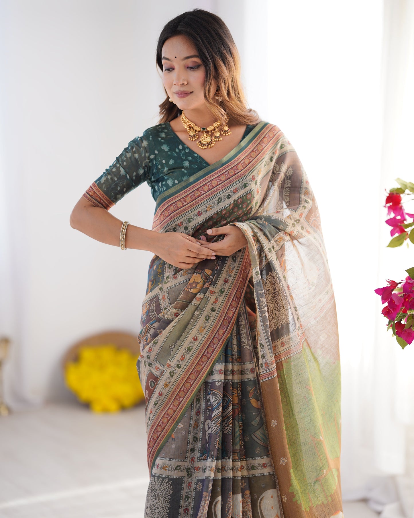 Teal Green & Brown Pure Linen Cotton Handloom Saree with Royal Cow & Tree Motif Pallu