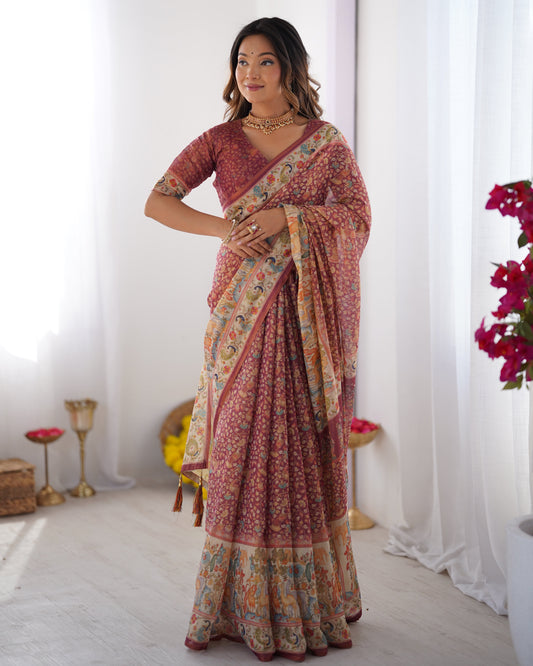 Maroon Handloom Cotton Saree with All-Over Floral Print & Multicolor Royal Procession Pallu