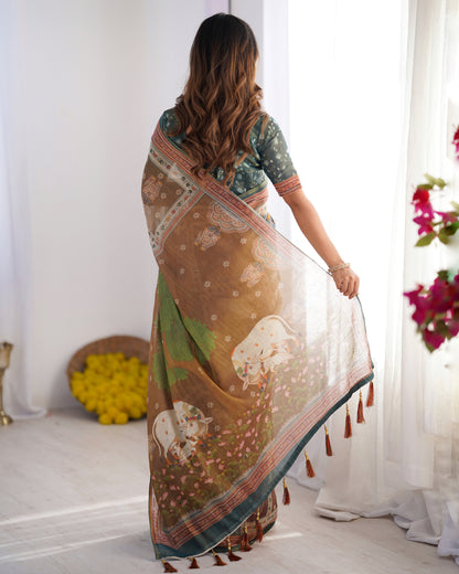 Teal Green & Brown Pure Linen Cotton Handloom Saree with Royal Cow & Tree Motif Pallu