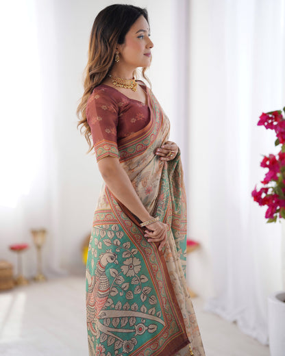 Beige & Green Handloom Cotton Saree with Village Life Print and Majestic Peacock Pallu