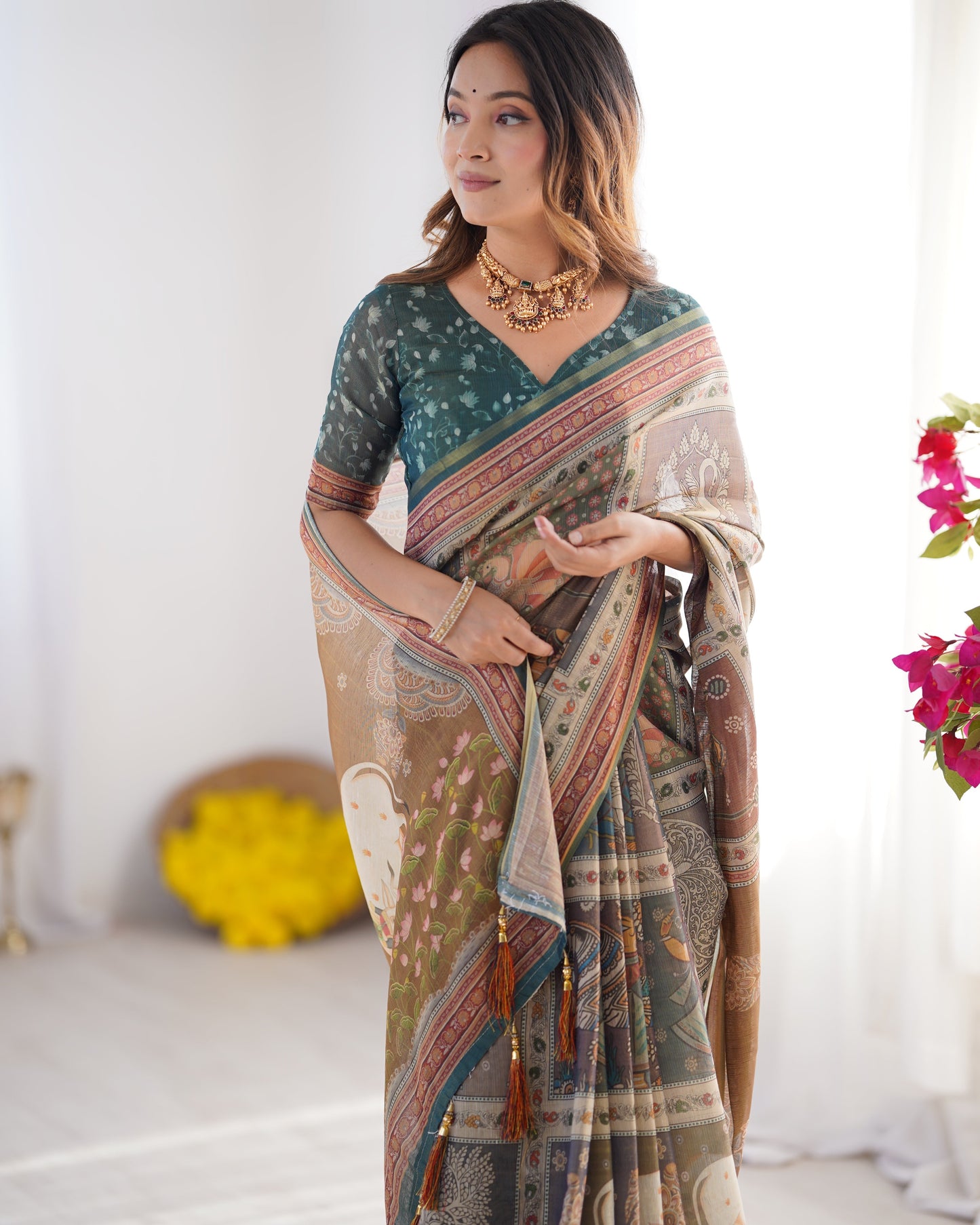 Teal Green & Brown Pure Linen Cotton Handloom Saree with Royal Cow & Tree Motif Pallu