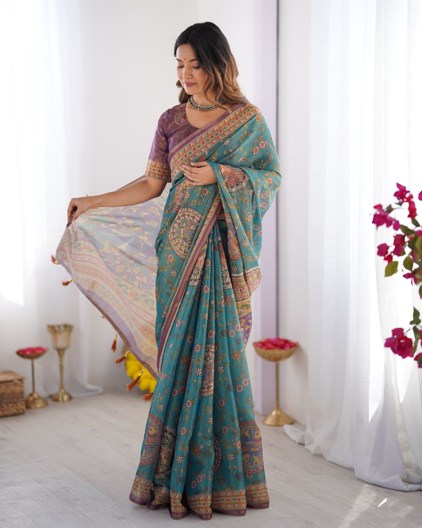 Sea Green & Purple Linen Cotton Saree with Hand-Painted Krishna Raas Leela Pallu