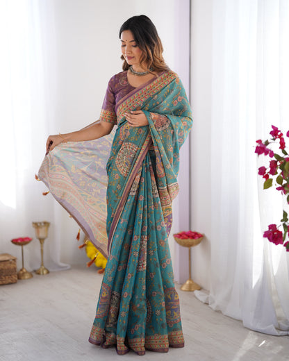 Sea Green & Purple Linen Cotton Saree with Hand-Painted Krishna Raas Leela Pallu