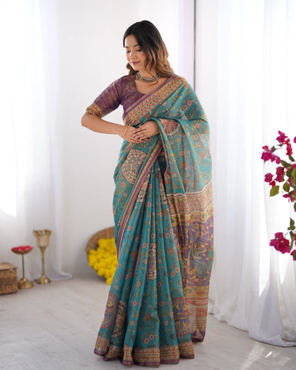 Sea Green & Purple Linen Cotton Saree with Hand-Painted Krishna Raas Leela Pallu