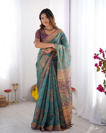Sea Green & Purple Linen Cotton Saree with Hand-Painted Krishna Raas Leela Pallu