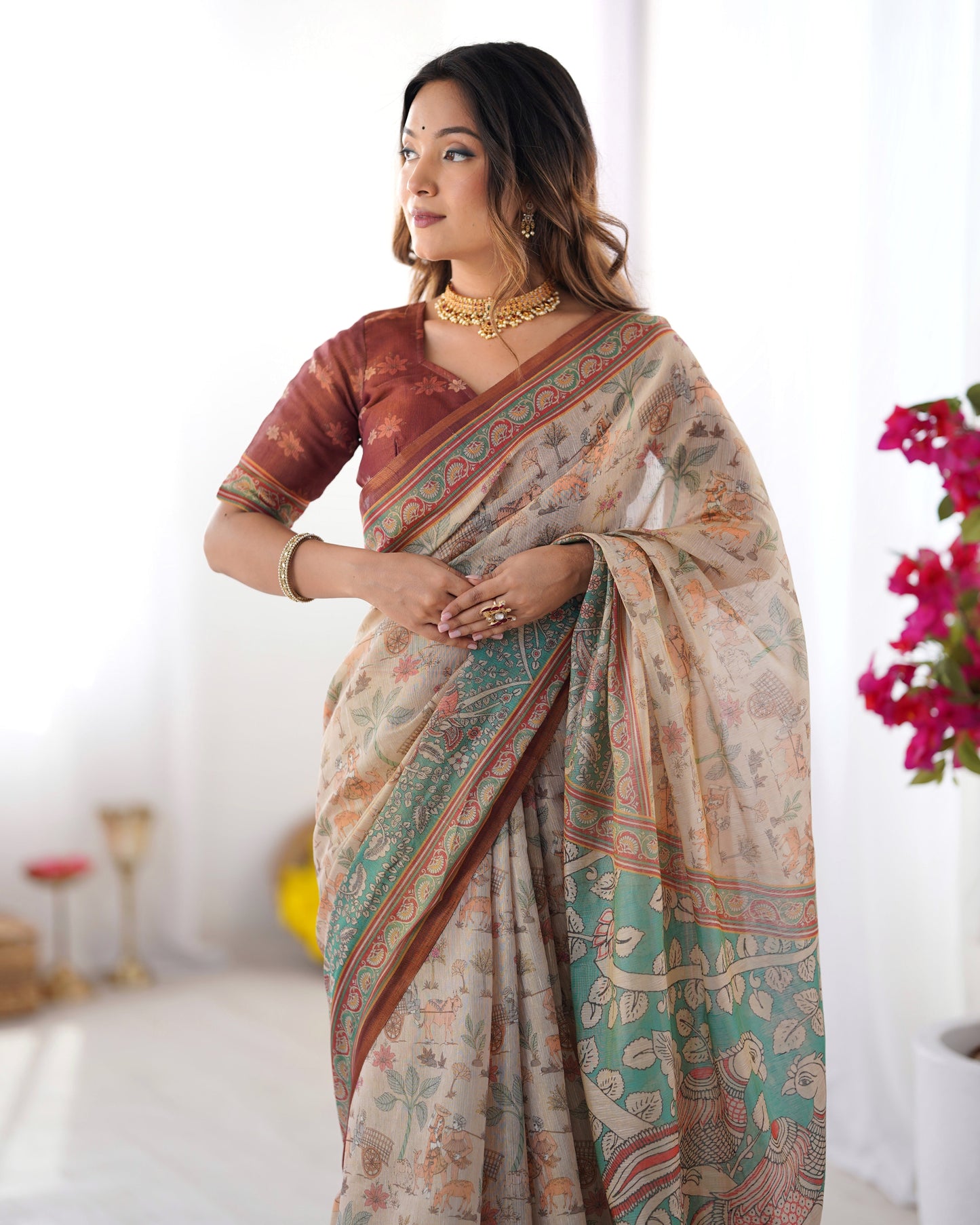 Beige & Green Handloom Cotton Saree with Village Life Print and Majestic Peacock Pallu