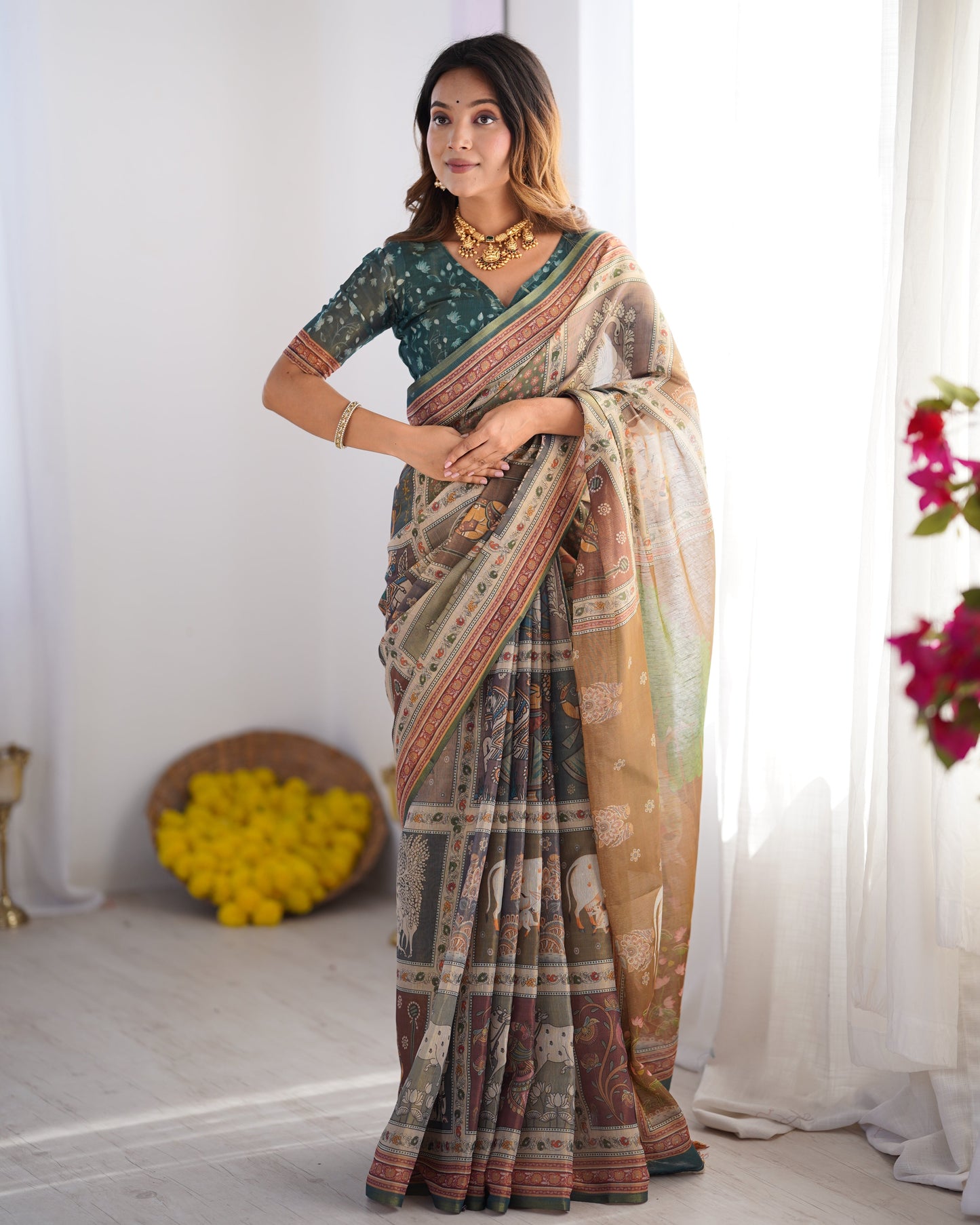 Teal Green & Brown Pure Linen Cotton Handloom Saree with Royal Cow & Tree Motif Pallu