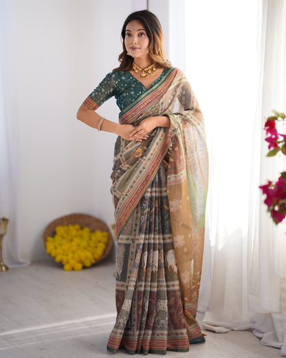 Teal Green & Brown Pure Linen Cotton Handloom Saree with Royal Cow & Tree Motif Pallu